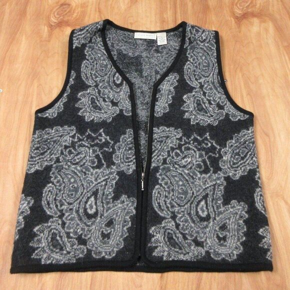 STUDIO WORKS Gray‎ White Wool Vest Jacket Womens Sz M Floral Paisley Full Zip Up - Picture 2 of 9
